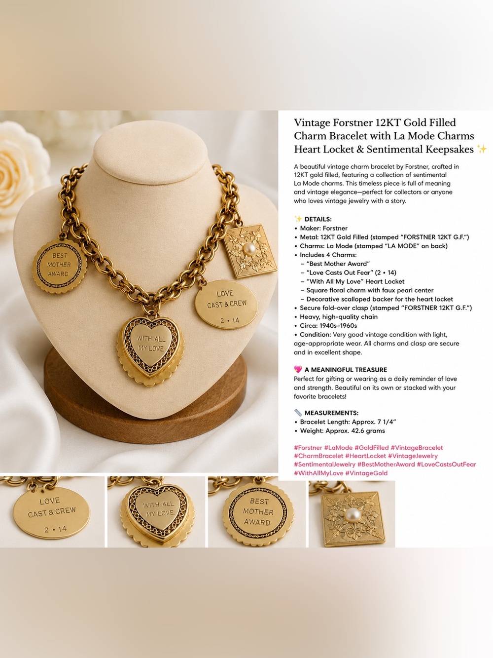 Vintage Forstner 12KT Gold Filled Charm Bracelet | La Mode Charms |
